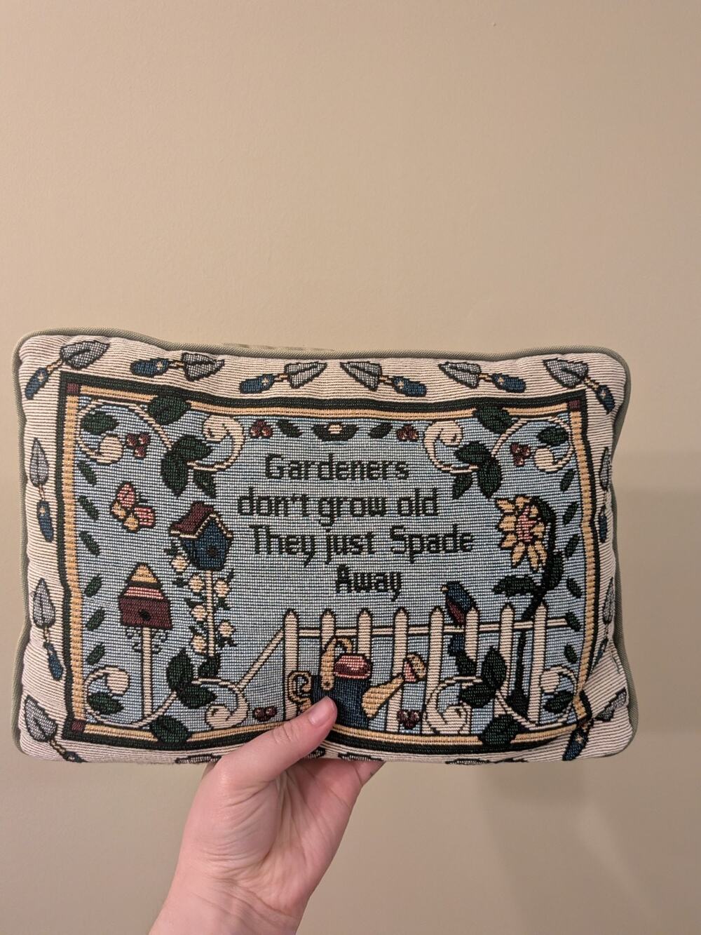 Vintage 12"x8" Needlepoint Gardeners Don't Grow Old Cottage Garden Party Pillow
